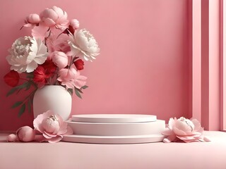 3d Render mockup empty white podium with floral peonies flower pink background
 