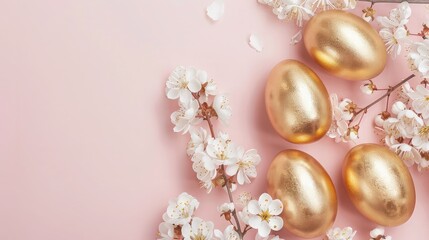 Easter golden eggs and white flowers on on pastel pink background. Holiday concept. Happy Easter card with copy space
