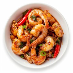 Sambal Udang: Stir-fried shrimp cooked with spicy sambal sauce made from chili peppers, garlic, shallots, tamarind, and other spices. photo on white isolated background