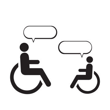 Icono de dos personas sentadas en sillas de ruedas con burbuja de chat. Vector
