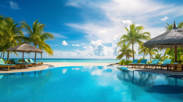holiday tropical hotel beach sea pool sunny day nobody background ai visual