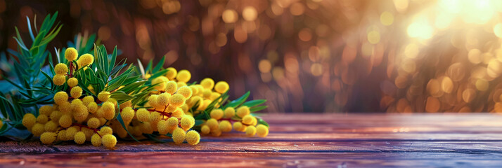 A beautiful banner depicting freshly cut branches of yellow mimosa on a wooden background represents the concept of the arrival of spring, the beginning of a new and rebirth of life. - obrazy, fototapety, plakaty
