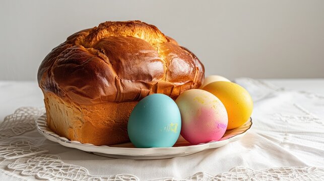Ester food colorful eggs with ester bread cake on white background