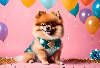 Fototapeta na wymiar chihuahua puppy with balloons and in suit in Birthday party celebration, funny pet animals