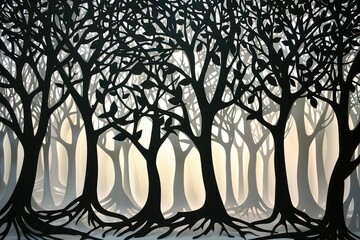 Intricate paper-cut forest scene with detailed tree silhouettes, showcasing a creative and delicate handmade artwork of nature