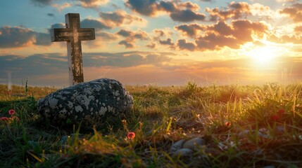 Good Friday concept: Empty tomb stone with cross on meadow sunrise background - obrazy, fototapety, plakaty