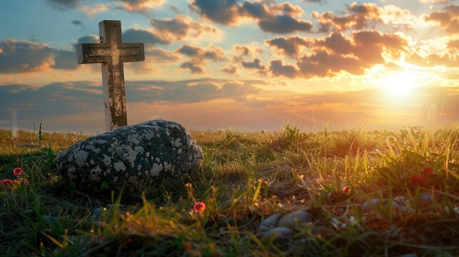Good Friday concept: Empty tomb stone with cross on meadow sunrise background