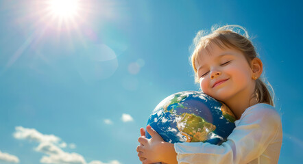 Child with Earth Globe on blue sky background. World peace, no war concept. Environment, save clean planet, ecology concept. Love and Save the World for the Next Generation. Earth day card. copy space