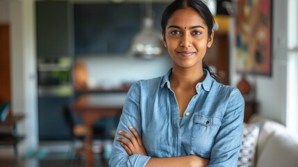 Fototapeta premium Head shot portrait smart confident smiling millennial indian woman standing with folded arms at home.