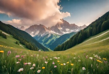 alpine meadow in the mountains and clouds, nature - obrazy, fototapety, plakaty