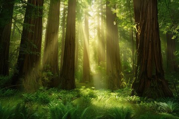 Naklejka premium Tranquil redwood forest scene with towering trees, sunlight filtering through canopy, lush greenery, and serene atmosphere