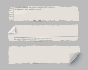 Set of torn pieces of newspaper with curled corner on transparent background. Easy editable.