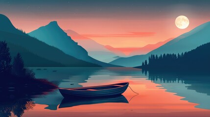 A serene seascape with a sailor on a boat, tall tree, and vibrant sun casting sharp shadows. Dark cyan and light crimson hues create a minimalist yet beautiful backdrop