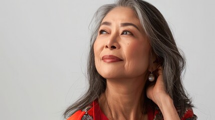 Middle aged happy mature asian woman, senior 55 year lady looking away, isolated on white closeup headshot. Ads of antiaging uv protection whitening menopause dry skincare, plastic surgery.