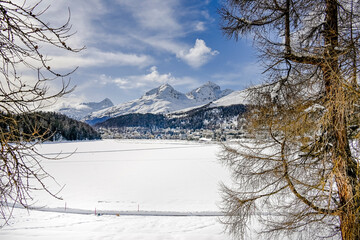 St. Moritz, St. Moritzersee, Oberengadin, Alpen, Corviglia, Piz Nair, Piz Julier, Piz Albana, Winter, Wintersport, Winterwanderung, Stazerwald, Langlauf, Schneedecke, Graubünden, Schweiz
