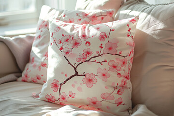 Springtime Comfort: Cherry Blossom Patterned Pillows on a Bright Sofa