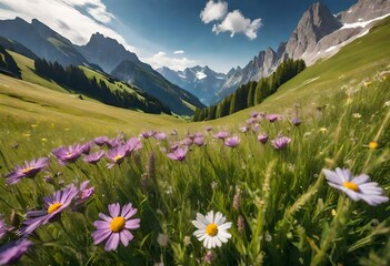 alpine meadow with wildflowers, flowers closeup view with mountains and clouds in the background, nature - obrazy, fototapety, plakaty