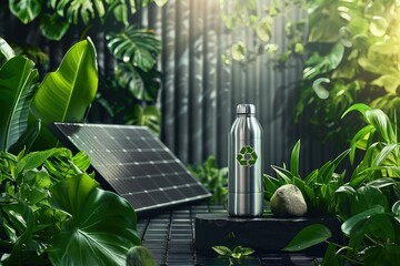 Eco-friendly lifestyle with stainless steel water bottle, lush green plants, solar panel, and green energy symbol. Sustainable living and environmental awareness concept