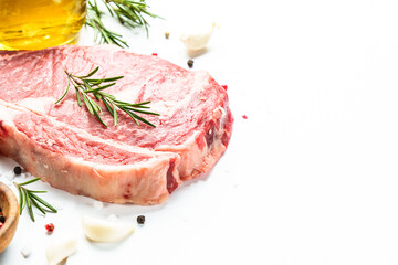 Beef steak Ribeye steak raw marble meat close-up.