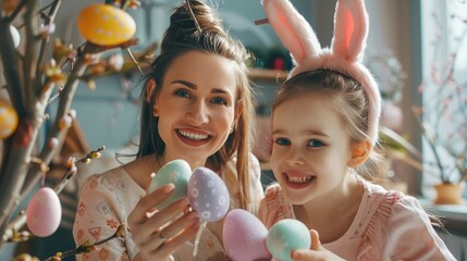 beautiful and happy mom and daughter in bunny ears decorate the tree with easter eggs. happy family celebrating easter. - obrazy, fototapety, plakaty