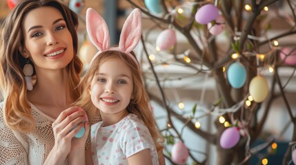 beautiful and happy mom and daughter in bunny ears decorate the tree with easter eggs. happy family celebrating easter.
