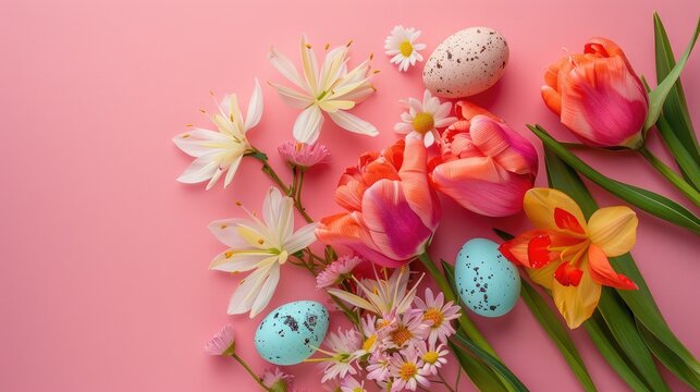 Beautiful colorful flowers with ester eggs on pink background.
