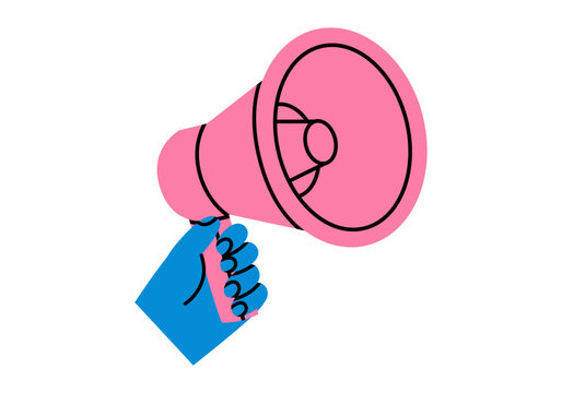 Hand drawn cute cartoon illustration hand with megaphone or loudspeaker. Flat vector promotion, advertisement sticker in doodle style. News alert icon. Communication speaker. Social protest. Isolated.