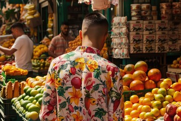 A person at a vibrant tropical fruit market, wearing a stylish floral shirt, surrounded by bustling activity and colorful market stalls - obrazy, fototapety, plakaty