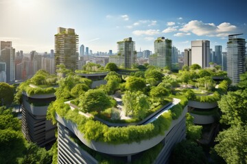 Urban green roof gardens skyscrapers background eco city - obrazy, fototapety, plakaty