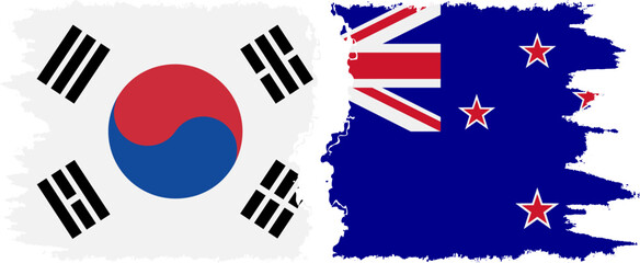New Zealand and South Korea grunge flags connection vector