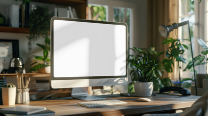 Workspace desk with pc and blank screen Transparent desktop computer in office room with decorations and copy space. Mock up for advertisement