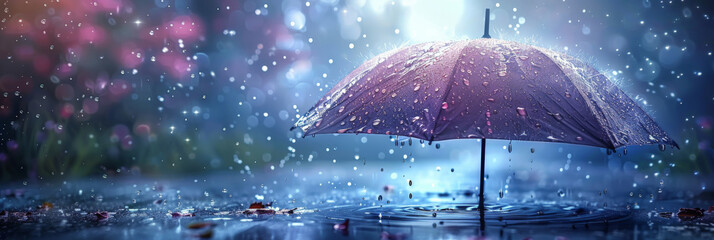 umbrella in the rain with bokeh background , Rain On Umbrella, empty space for text, banner