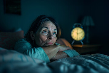 Sleeping time. A middle-aged woman suffering from insomnia in bed at night with alarm clock, awake desperate, unable to sleep, sleeplessness.