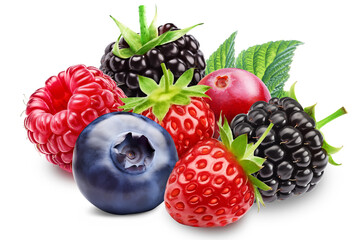 Group of ripe forest berries: wild strawberries, blueberry, blackberries and raspberry isolated on transparent background.