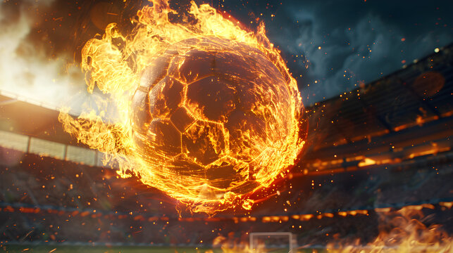 Burning soccer ball flying over football stadium, Generative Ai
