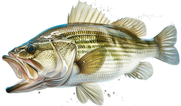 a Largemouth Bass, 3/4 side view PNG, in a Fishing-themed, isolated, and transparent photorealistic illustration. Generative ai