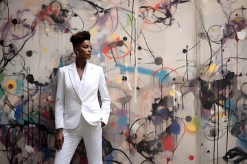 Styled in a sophisticated blazer and trousers, the model's poised demeanor exudes confidence and elegance against a backdrop of modern art installations.