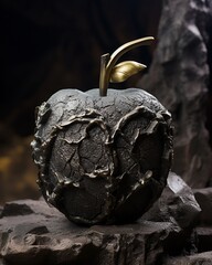 A dark, textured apple sculpture with a striking golden leaf, presented on a rocky surface against a blurred background.