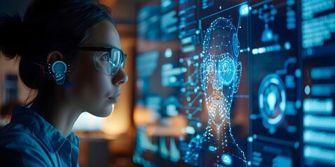 Woman with Glasses in High-Tech Setting, To represent the modern and advanced technology, showcasing a womans interaction in a high-tech environment