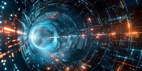 Futuristic Tunnel with Electronic Devices in Space, To convey a sense of innovation, progress, and advanced technology in a futuristic setting