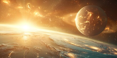 Golden Hued Planets Orbiting the Sun, To provide a captivating and imaginative depiction of space...