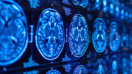 Advanced medical MRI brain scan imaging technology displayed in neon blue