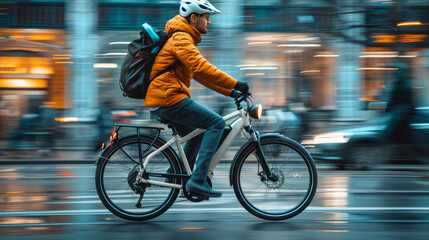 Commuter on an electric bicycle speeding through city traffic