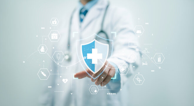 Medical cybersecurity.Security Health Care Concept. Medical Data Insurance and Safety. Medicine secure patient privacy history.lock icon on virtual screen. Access healthcare protection technology - Powered by Adobe