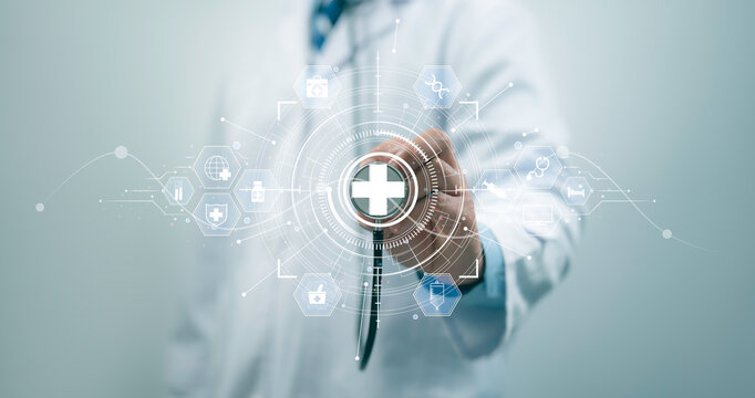 Health care and medical technology services concept. Medical worker using data virtual with health care icons,medical technology background,health insurance business.Health Insurance, telemedicine
