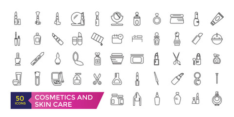 Cosmetics and skin care icon set. Moisture cream, acid, anti wrinkle serum, sunscreen Outline signs for skincare products.