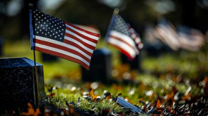 Honoring american veterans on memorial day with flags at the national cemetery, a patriotic tribute. - obrazy, fototapety, plakaty