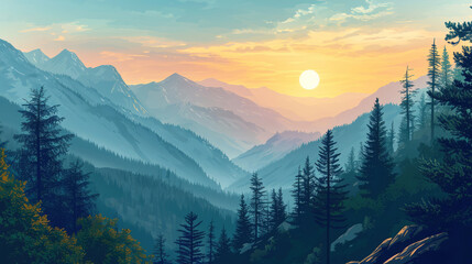 Mountain landscape with fir trees and sunset or sundown