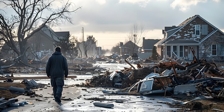 Man Walking Down Debris-Laden Street in Rural America, To convey the resilience of communities in the face of natural disasters and the determination