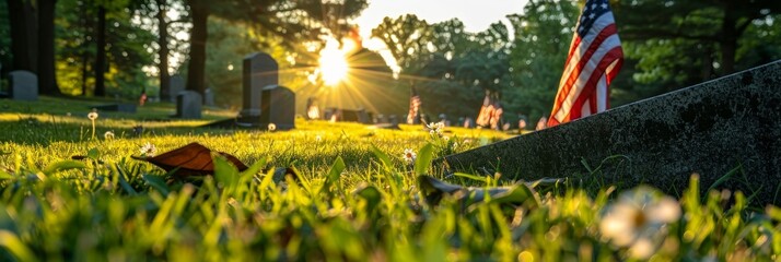 American flags on veterans  graves on memorial day in national cemetery with copy space for text